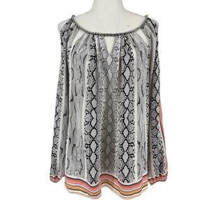Ramy Brook Silk Snakeskin Cold Shoulder Blouse Grey Orange Chain Neck Small